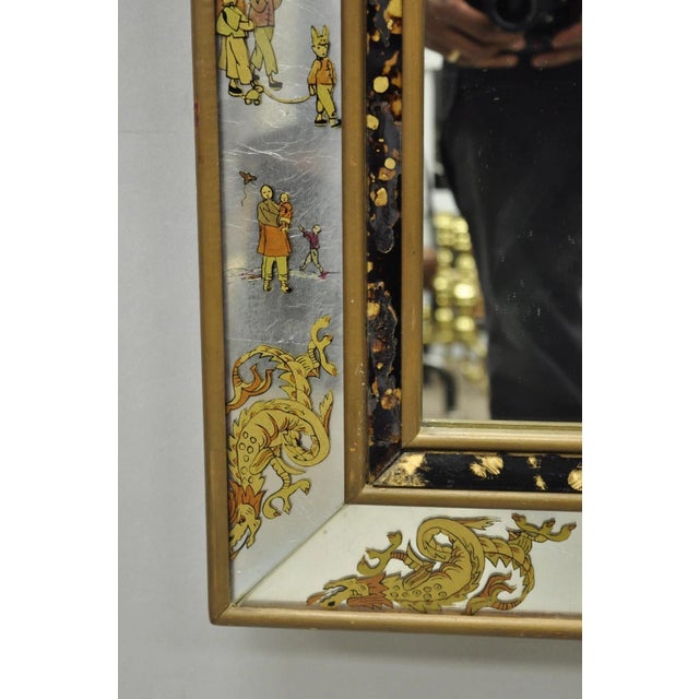 Vintage Chinoiserie Figural Eglomise Reverse Painted Oriental Wall Mirror For Sale In Philadelphia - Image 6 of 18