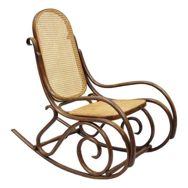 Vintage Mid Century Modern Thonet Style Bentwood & Cane Rocker Rocking Chair (B) For Sale