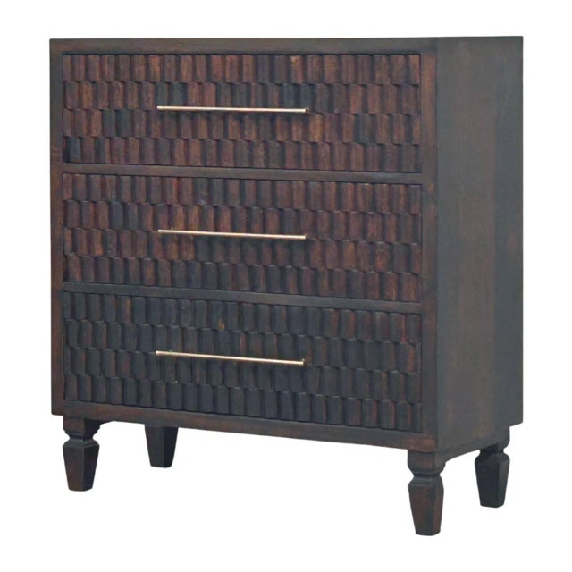 This chest is a sculptural storage piece distinguished by its richly carved drawer fronts and deep Velvet Mocha finish....