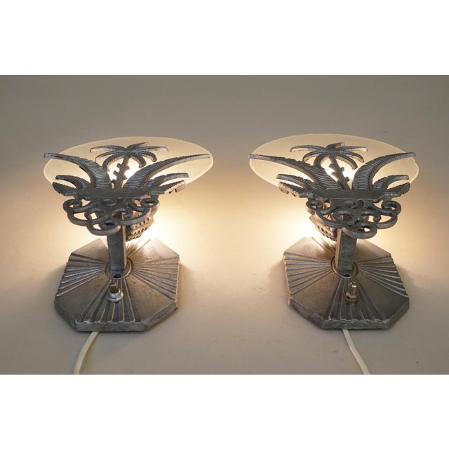 Metal Rare Matched Pair French Art Deco Tropic Palm Aluminum Glass Wall Sconce Lamps 1920's For Sale - Image 7 of 13