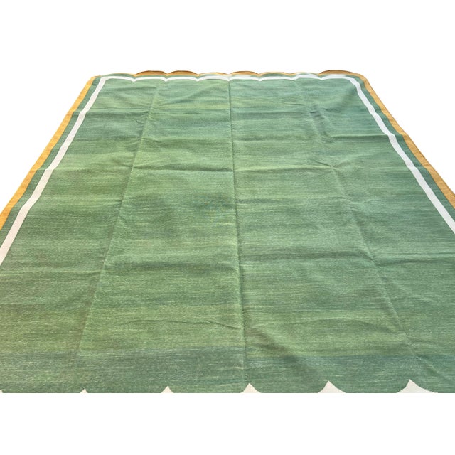Handmade Cotton Area Scalloped Dhurrie, Moss Green, Cream and Mustard Border Rug-6'x9' For Sale - Image 12 of 13