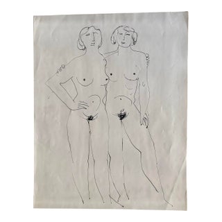 Vintage Ink Drawing of Two Female Nudes-Standing, 13.75” X 10.75” For Sale