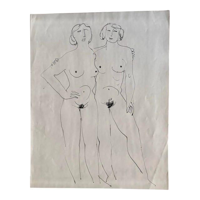 Vintage Ink Drawing of Two Female Nudes-Standing, 13.75” X 10.75” For Sale