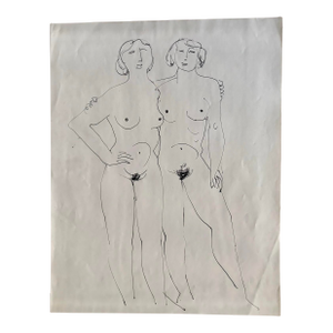 Vintage Ink Drawing of Two Female Nudes-Standing, 13.75” X 10.75”