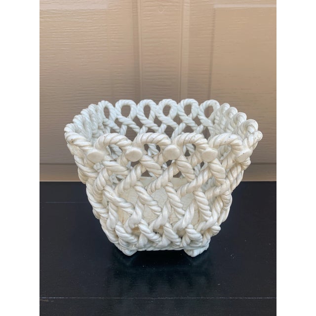 Ceramic French Country Trompe l'Oeil Porcelain Rope Basket Cachepot For Sale - Image 7 of 13
