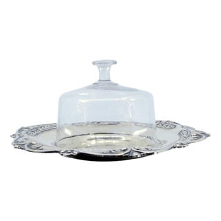 Silve Cheese Dish with Embossed Palms and Shellsr and Cut Glass Lid, Set of 2 For Sale