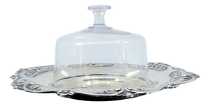 Silve Cheese Dish with Embossed Palms and Shellsr and Cut Glass Lid, Set of 2