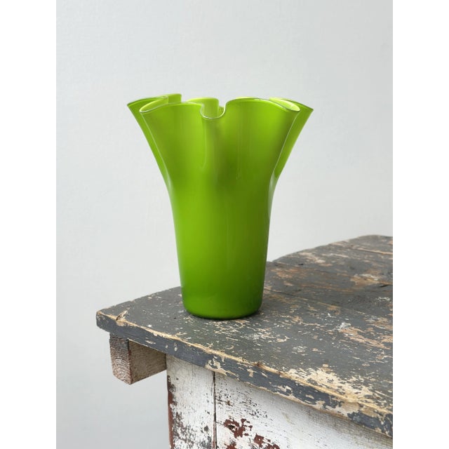 Vintage Lime Green Handblown Glass Undulating Vessel, Circa 1960s For Sale - Image 10 of 17