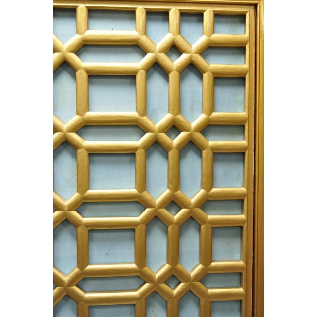 Vintage Chinoiserie Lattice Fretwork 4 Panel Gold Folding Screen Room Divider For Sale - Image 9 of 18