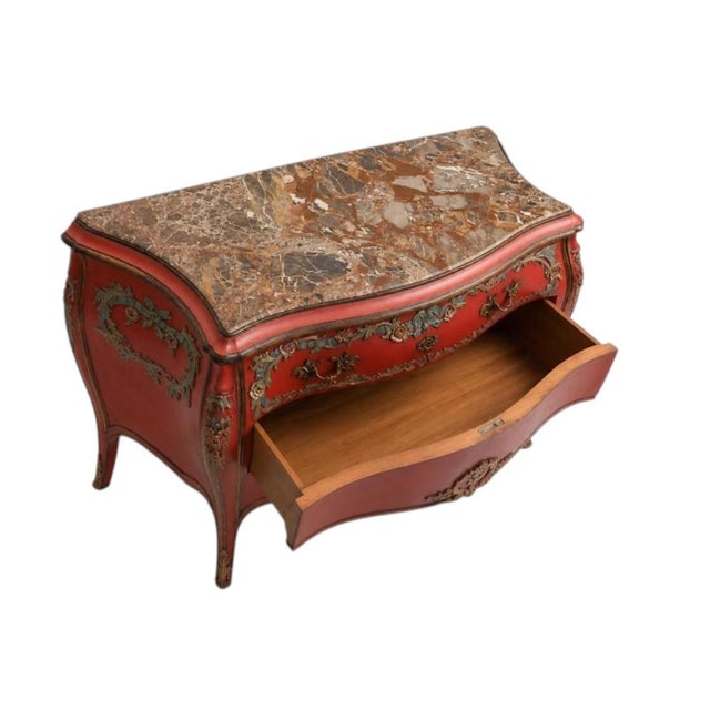 Shaped Red-Painted Commode with Marble Top For Sale - Image 4 of 7