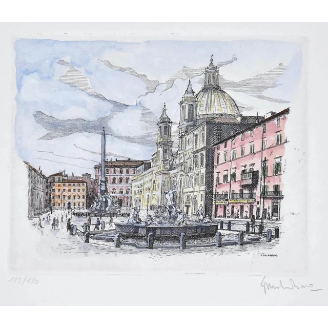 Navona Square is an original etching realized in the 1960s by Giuseppe Malandrino. Original hand-colored print. Image...