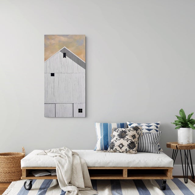 Summer Sunrise by Justin Wheatley | Acrylic on Canvas White Barn With Peach Sky For Sale - Image 9 of 11