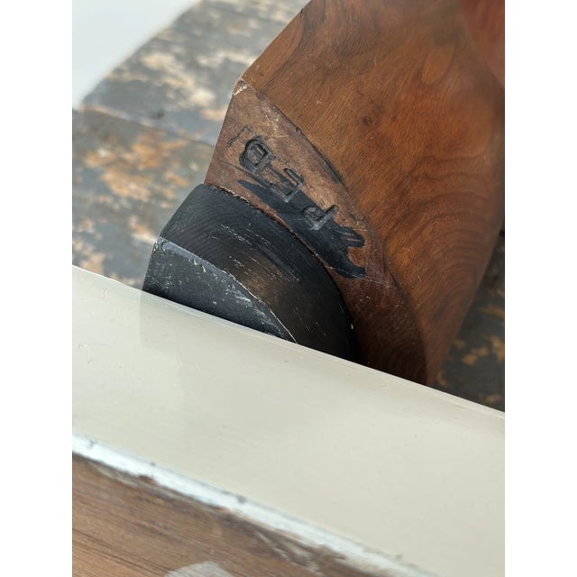 Vintage Large-Scale Kinetic Teak Mask Sculpture Mounted to Painted Wood Tiered Base by Paul Bechtold, Circa Mid 20th Century For Sale - Image 17 of 18