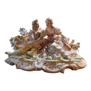 Darling Lighted Porcelain Rococo Revival Courting Couple – Vintage Romantic Figurine Lamp & Music Box – Maximalist Decor For Sale
