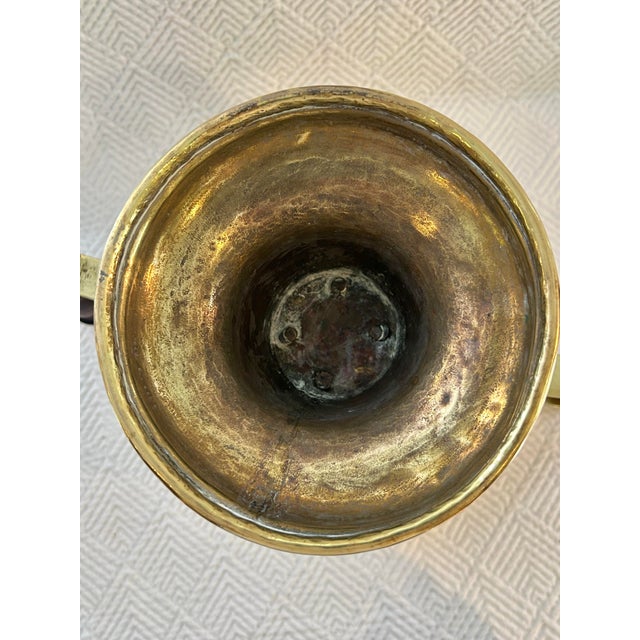 Metal Antique Victorian Brass Coal Hod / Ember Carrier With Wood Handles – Pedestal Fireplace Hearth Vessel For Sale - Image 7 of 10