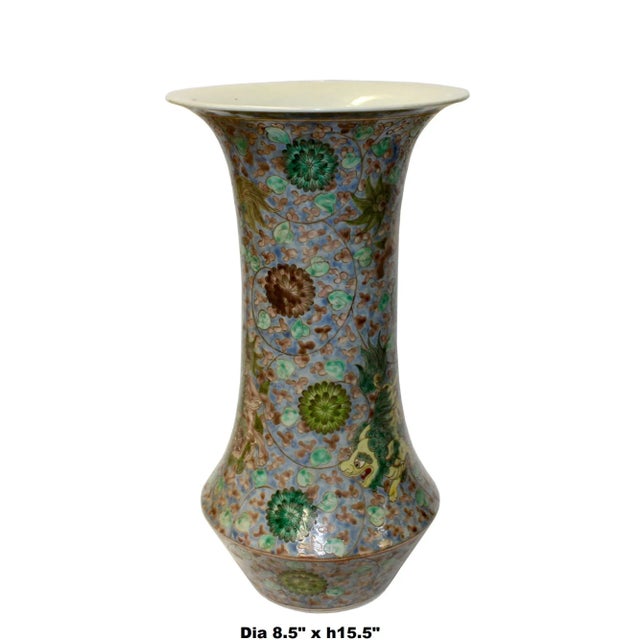 Vintage Chinese Gray Blue Base Foo Dogs Flower Porcelain Vase For Sale In San Francisco - Image 6 of 7