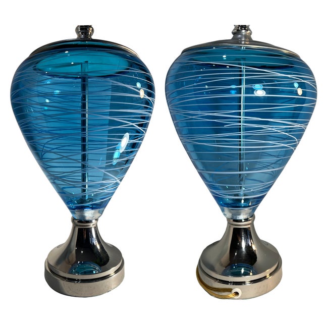 Art Glass Aqua Blue White Swirl Table Lamp For Sale - Image 15 of 18