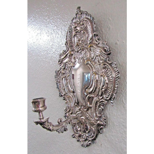 Late 19th Century Late 19th Century Matched Pair of Blaker Baroque-Style Repousse Silver Plated Brass Candle Sconces For Sale - Image 5 of 11