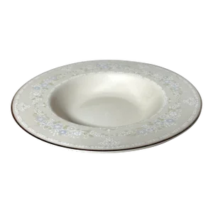 1990s Pickard Hand Decorated Serenity Rim Soup Bowl - Blue & White Flowers, Moss Green Leaves