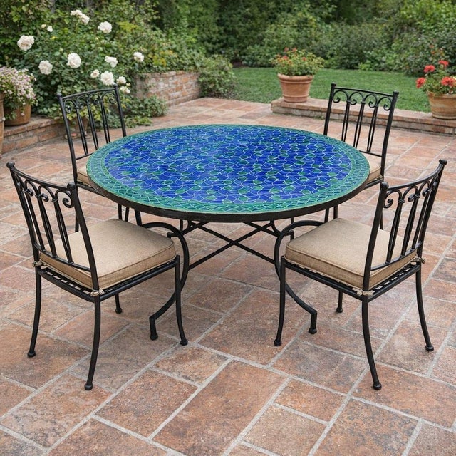 Moroccan 48" Moroccan Mosaic Blue and Green Round Table For Sale - Image 3 of 8