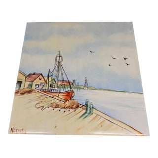 MCM Vintage Pictorial Tile Art Hand Painted Ocean, Sailboat, Village, Artist Signed For Sale