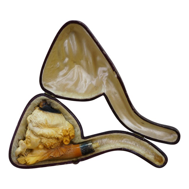 Antique Victorian Carved Meerschaum Lady & Bird Sterling Silver Collar Pipe For Sale
