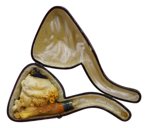 Antique Victorian Carved Meerschaum Lady & Bird Sterling Silver Collar Pipe