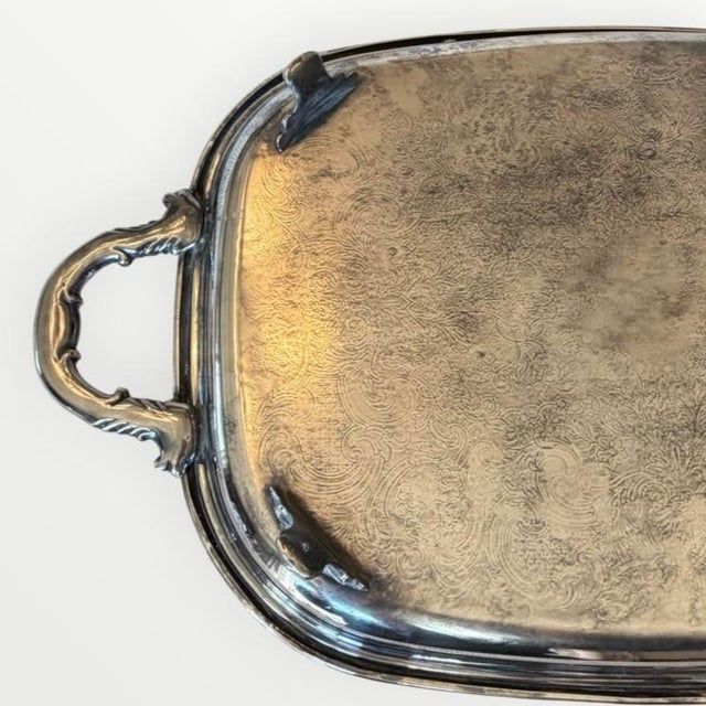 Vintage Silver Plate Large Butler's Buffet Tray With Handles and Feet For Sale - Image 14 of 18