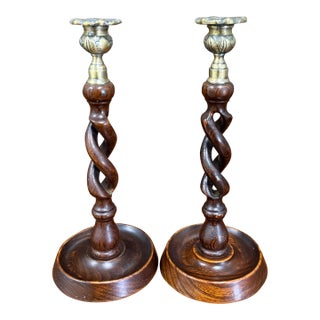 Antique English Open Barley Twist Candlesticks Candle Holders Oak Pair 11.5" For Sale