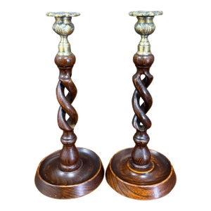 Antique English Open Barley Twist Candlesticks Candle Holders Oak Pair 11.5"