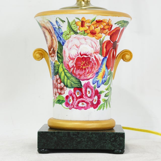 Shabby Chic Vintage Floral Hand-Painted Brunschwig & Fils Wooden Table Lamps With Green Faux Marble Bases For Sale - Image 3 of 17