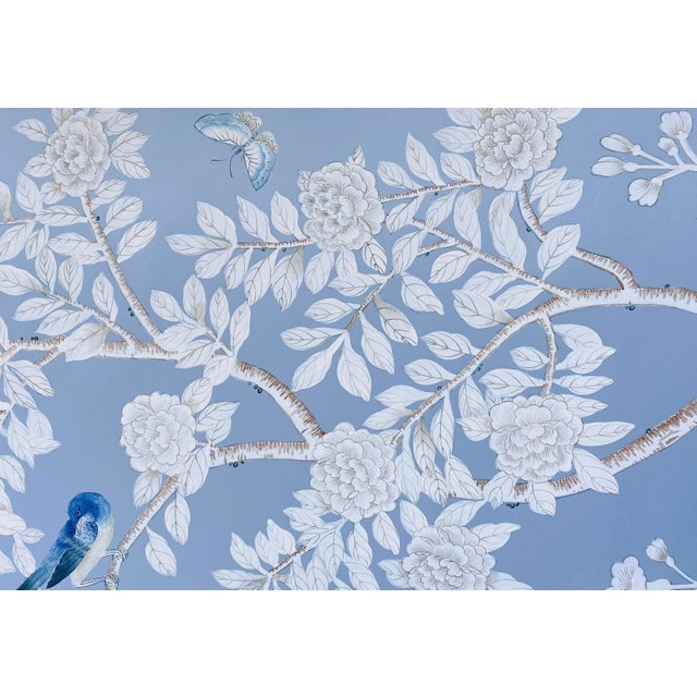 Not Yet Made - Made To Order Unframed Hand-Painted Silk Blue Chinoiserie Wallpaper Panels - Set of 3 For Sale - Image 5 of 9