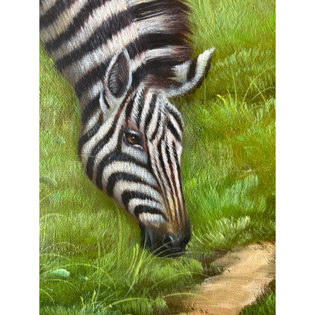Wood Vintage Original Zebra Oil Painting in Gilt Frame - Mother and Child Scene For Sale - Image 7 of 8