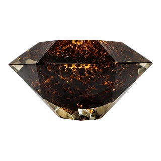 Vintage Faceted Tortoise Shell Art Glass Ashtray Geometric Brown Amber Decor For Sale
