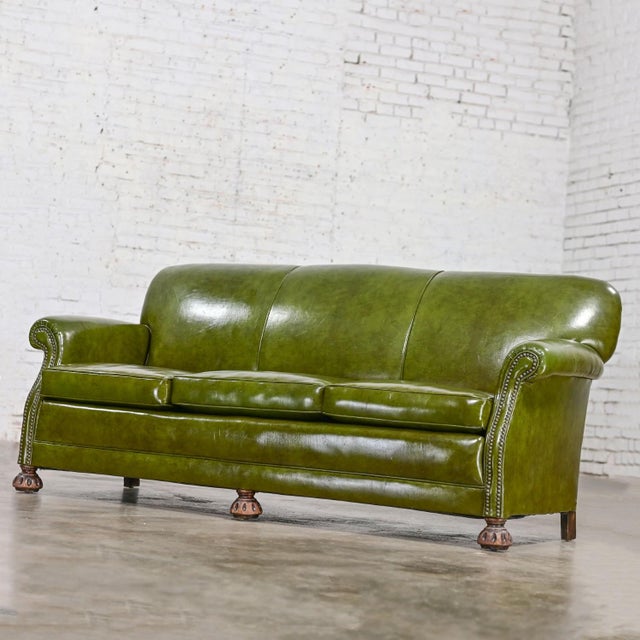 Mid 20th Century 1940-1950Äôs Traditional Green Naugahyde Faux Leather Lawson Club Style Sofa W/Rolled Arms For Sale - Image 5 of 12