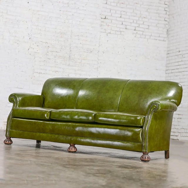 Mid 20th Century 1940-1950s Traditional Green Naugahyde Faux Leather Lawson Club Style Sofa W/Rolled Arms For Sale - Image 5 of 12