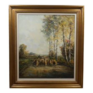 Vintage German Heyden Shepherd Herding Sheep Landscape Oil Painting 40"