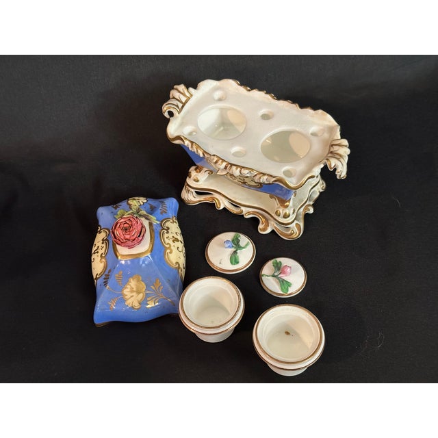 Ceramic 19th Century French Porcelain Double Inkstand in Rococo Revival Style, Blue & Gilt For Sale - Image 7 of 13