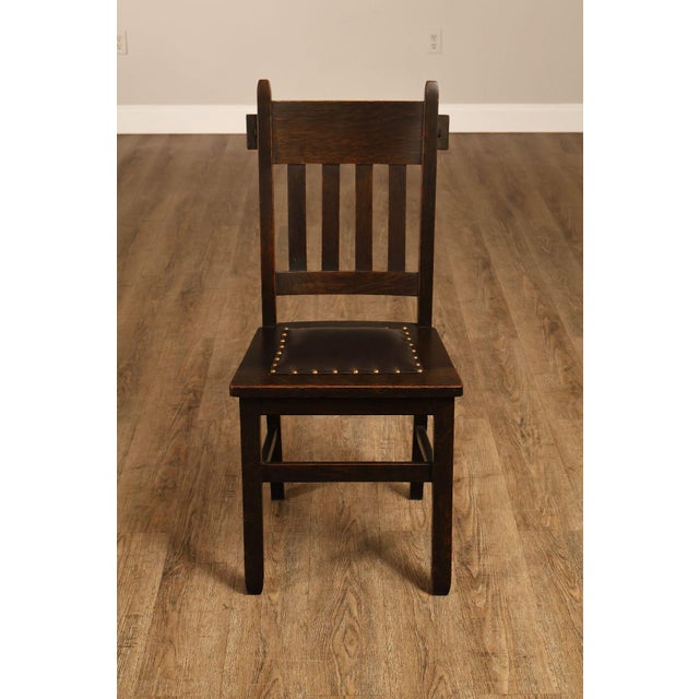 Mission Style Antique Oak Rabbit Ear Side Chair With Leather Seat For Sale - Image 12 of 18