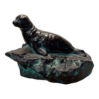 Blue Mountain Seal on a Outcrop Earthen Wear Sculpture For Sale