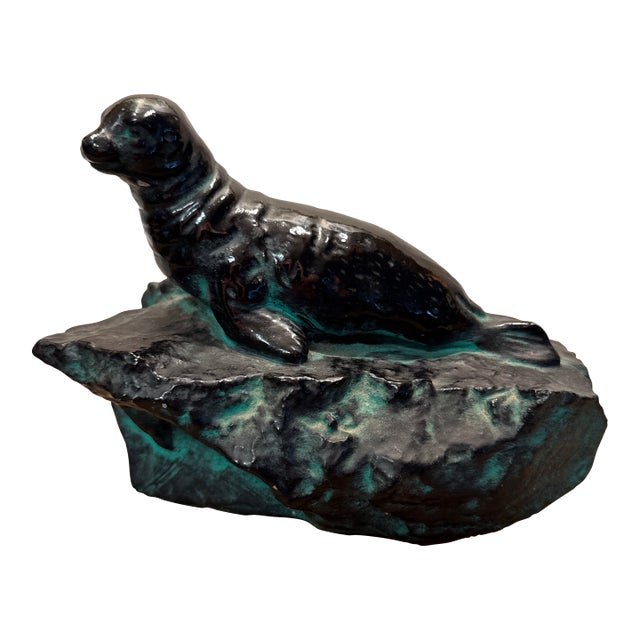 Blue Mountain Seal on a Outcrop Earthen Wear Sculpture For Sale