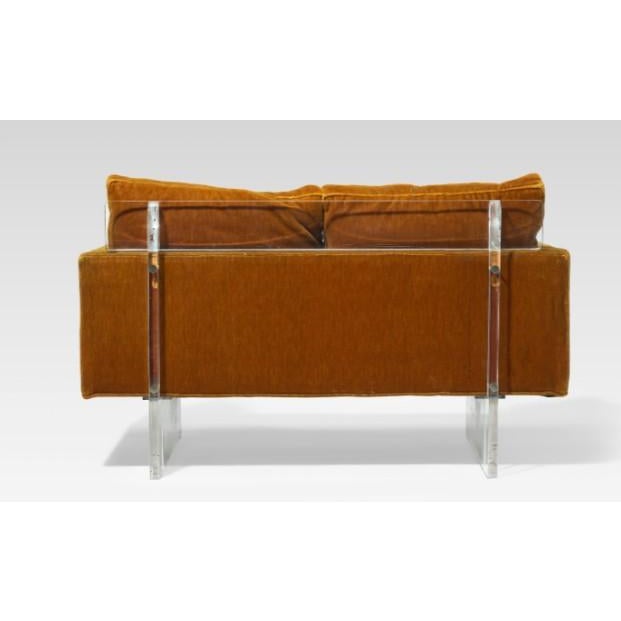 Attributed to Vladimir Kagan Settee, circa 1965. acrylic, rust/auburn color velvet mohair upholstery some defects in...