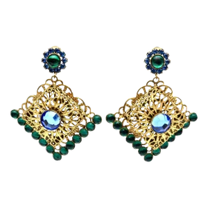 Vintage Hattie Carnegie Signed Green & Blue Dangle Rhinestone Clip On Earrings - 2 Pieces