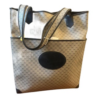 20th Century Gucci Navy Leather and Microguccissima Monogram Canvas Tote Bag For Sale