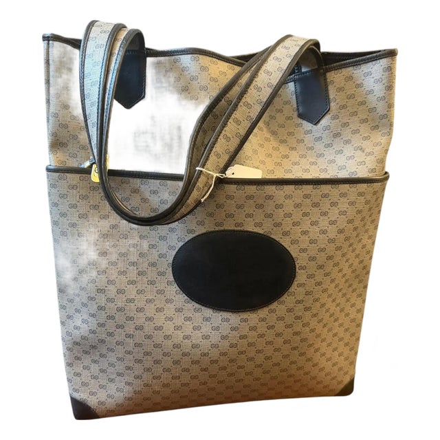 20th Century Gucci Navy Leather and Microguccissima Monogram Canvas Tote Bag For Sale