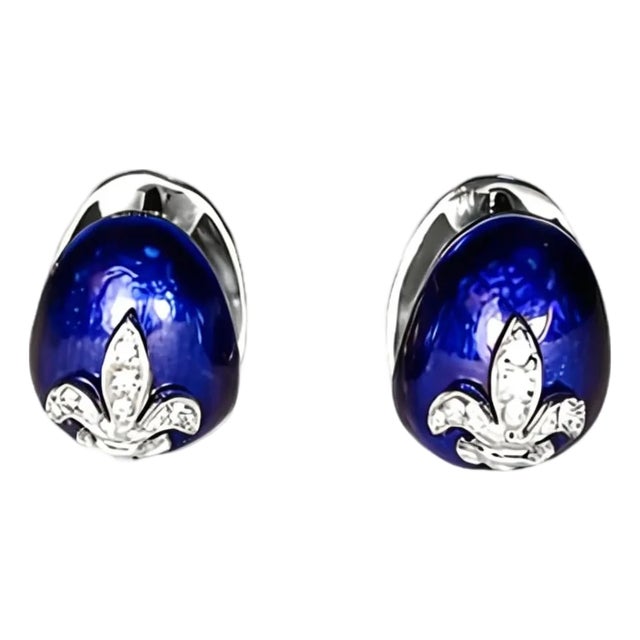 Late 20th Century 18K White Gold Fleur de Lis Enameled Earrings by Hidalgo, Pair For Sale