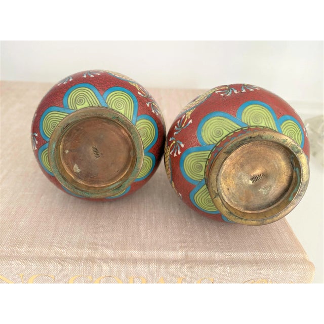 Metal Antique Petite Chinese Dragon Cloisonné Garlic-Head Vases - a Pair For Sale - Image 7 of 11