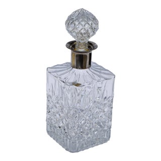 1920s Style After Bohemian Victorian Cube Hand Brilliant Cut Decanter Silver Plate Neck Faceted Stopper For Sale