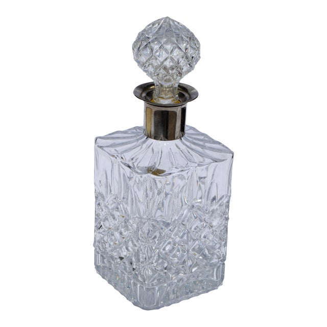 1920s Style After Bohemian Victorian Cube Hand Brilliant Cut Decanter Silver Plate Neck Faceted Stopper For Sale