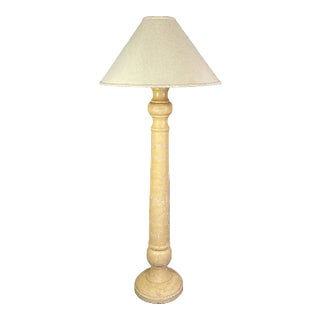 Late 20th Century Column Floor Lamp With Faux Travertine Plaster Finish & Original White Coolie Shade For Sale